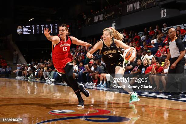 Li Meng of the Washington Mystics dribbles the ball during the game against the Las Vegas Aces on August 26, 2023 at Entertainment & Sports Arena in...