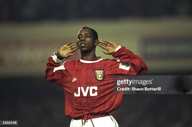 Ian Wright of Arsenal holds his hands to his ears during the Coca Cola Cup quarter-final against Newcastle at Highbury Stadium in London. Arsenal won...