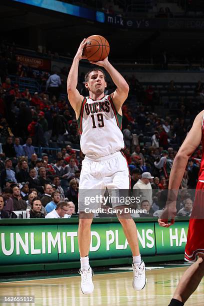 Beno Udrih of the Milwaukee Bucks takes a shot against the Chicago Bulls on January 30, 2013 at the BMO Harris Bradley Center in Milwaukee,...