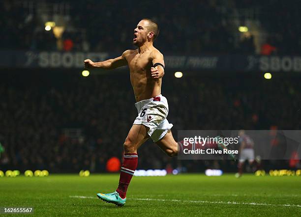 Joe Cole of West Ham United celebrates his goal during the Barclays Premier League match between West Ham United and Tottenham Hotspur at the Boleyn...