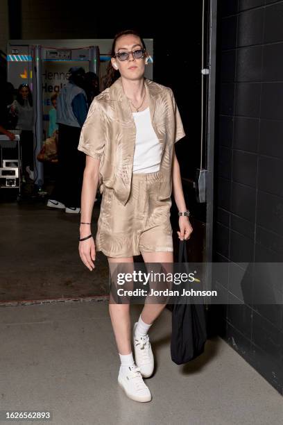 Breanna Stewart of the New York Liberty arrives to the arena before the game against the Minnesota Lynx on August 26, 2023 at Target Center in...