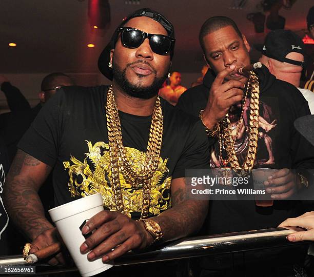 Young Jeezy and Jay-Z attend the So So Def anniversary party hosted by Jay Z at Compound on February 23, 2013 in Atlanta, Georgia.