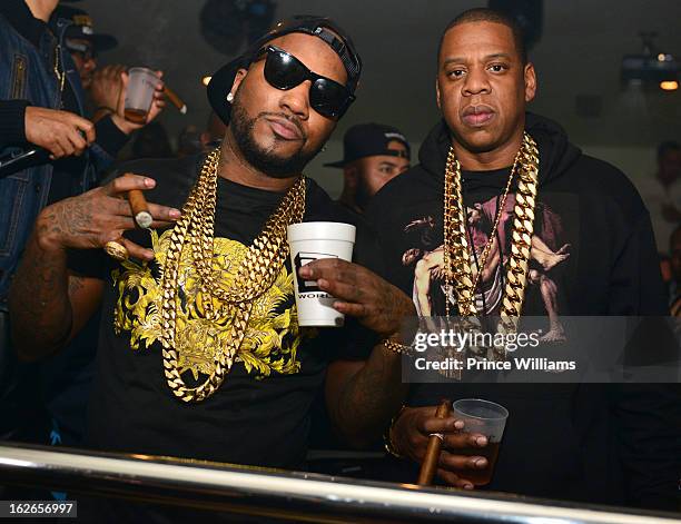 Young Jeezy and Jay-Z attend the So So Def anniversary party hosted by Jay Z at Compound on February 23, 2013 in Atlanta, Georgia.