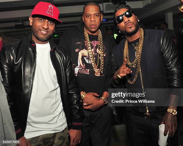 Alex Gidewon, Jay-Z and Young Jeezy attend the So So Def anniversary party hosted by Jay Z at Compound on February 23, 2013 in Atlanta, Georgia.