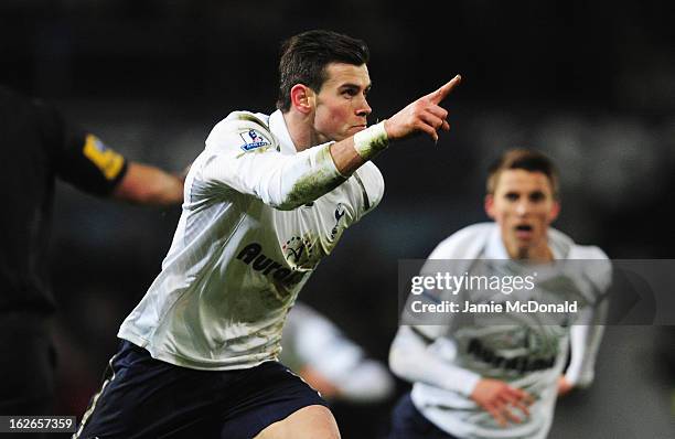 Gareth Bale of Tottenham Hotspur celebrates scoring the winning goal during the Barclays Premier League match between West Ham United and Tottenham...