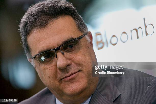 Tony O'Neill, interim chief executive officer of AngloGold Ashanti Ltd., listens during a Bloomberg Television interview at the BMO Capital Global...