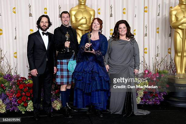 Paul Rudd, Mark Andrews, Brenda Chapman and Melissa McCarthy pose in the press room at the 85th Annual Academy Awards at Hollywood & Highland Center...