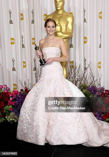 Jennifer Lawrence poses in the press room at the 85th Annual Academy Awards at Hollywood & Highland Center on February 24, 2013 in Hollywood,...