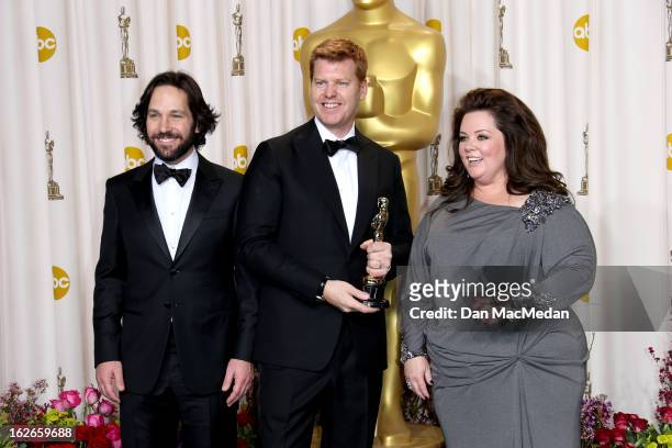 Paul Rudd, John Kahrs and Melissa McCarthy pose in the press room at the 85th Annual Academy Awards at Hollywood & Highland Center on February 24,...