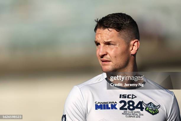 Jarrod Croker of the Raiders warms up prior to the round 25 NRL match between Canberra Raiders and Canterbury Bulldogs at GIO Stadium on August 20,...