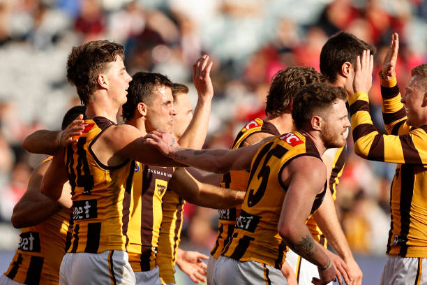 Henry Hustwaite of the Hawks celebrates a goal during the round 23 AFL match between Melbourne Demons and Hawthorn Hawks at Melbourne Cricket Ground,...