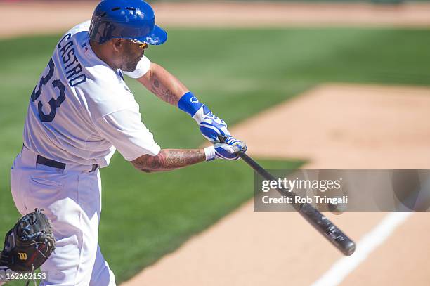 Ramon Castro of the Los Angeles Dodgers bats during a spring training game against the Chicago Cubs at Camelback Ranch on February 25, 2013 in...