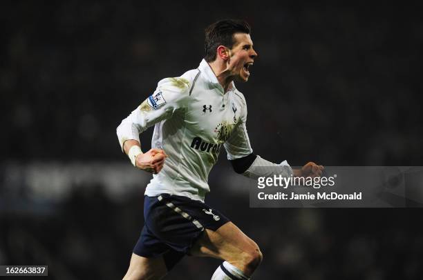 Gareth Bale of Tottenham Hotspur celebrates scoring the winning goal during the Barclays Premier League match between West Ham United and Tottenham...