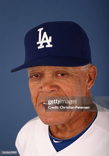 Maury Wills of the Los Angeles Dodgers poses for a portrait during spring training photo day at Camelback Ranch on February 17, 2013 in Glendale,...