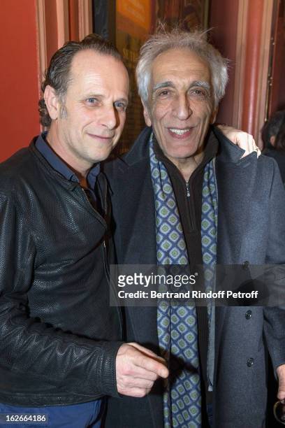 Gerard Darmon and Charles Berling after their 200th performance of the play "Inconnu A Cette Adresse" at Theatre Antoine on February 25, 2013 in...