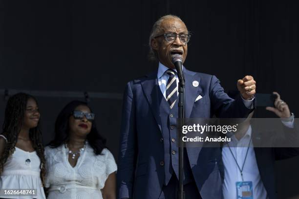 Rev. Al Sharpton speaks as demonstrators march on the 60th anniversary of the March On Washington and Martin Luther King Jr's historic 'I Have a...