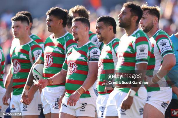 Souths players react to a Knights try during the round 25 NRL match between Newcastle Knights and South Sydney Rabbitohs at McDonald Jones Stadium on...