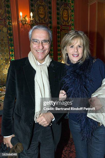 Norbert Balit and his wife Laurence Piquet pose following the 200th performance of the play "Inconnu A Cette Adresse" at Theatre Antoine on February...