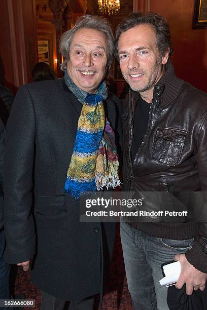 Stephane Freiss and Patrick Bouchitey pose following the 200th performance of the play "Inconnu A Cette Adresse" at Theatre Antoine on February 25,...