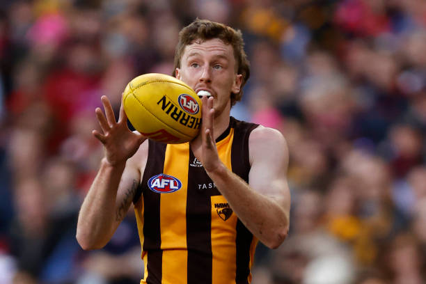 Denver Grainger-Barras of the Hawks marks the ball during the round 23 AFL match between Melbourne Demons and Hawthorn Hawks at Melbourne Cricket...