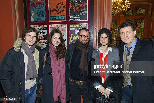 Julien Dereims, his companion Anouchka Delon, Alexandre Brasseur, his wife Juliette and Philippe Lellouche attend the 200th performance of the play...