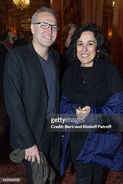 Laurent Ruquier and Isabelle Alonso pose following the 200th performance of the play "Inconnu A Cette Adresse" at Theatre Antoine on February 25,...