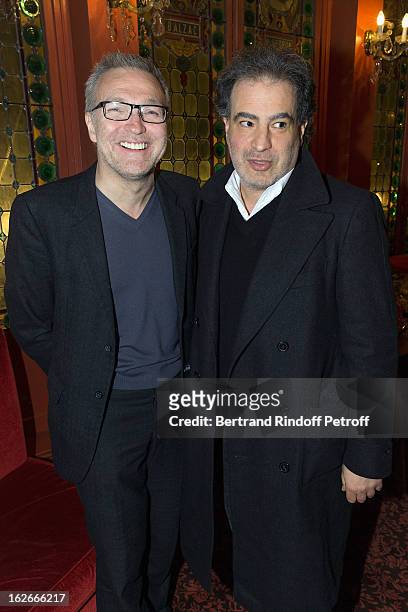 Laurent Ruquier and Raphael Mezrahi pose following the 200th performance of the play "Inconnu A Cette Adresse" at Theatre Antoine on February 25,...