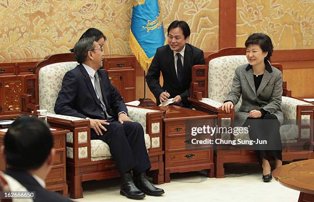 South Korean President Park Geun-Hye talks with Boediono, Vice President of Indonesia during their meeting at presidential house on February 26, 2013...