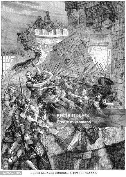 old engraved illustration of chedorlaomer, kedorlaomer or kudur-lagamer (king of elam) storming a town in canaan - theology stock pictures, royalty-free photos & images