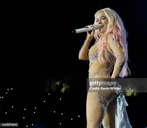 Karol G performs during her "Mañana Será Bonito Tour" at the Rose Bowl Stadium on August 19, 2023 in Pasadena, California.