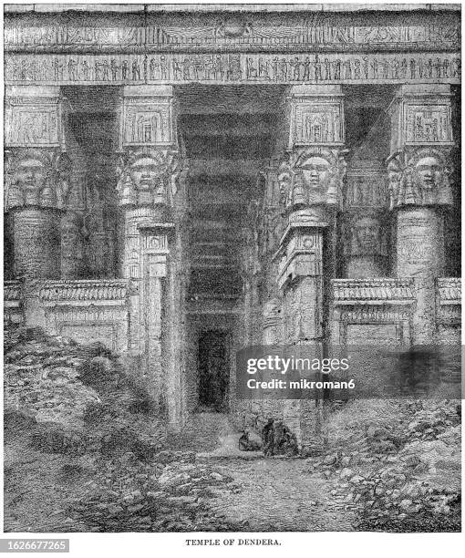 old engraved illustration of dendera temple complex, hathor headed column, dendera temple - african queen stock pictures, royalty-free photos & images