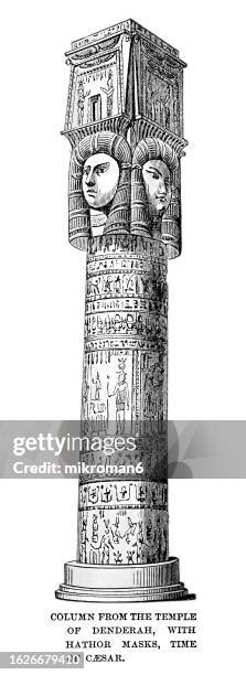 old engraved illustration of dendera temple complex, hathor headed column, dendera temple - african queen stock pictures, royalty-free photos & images