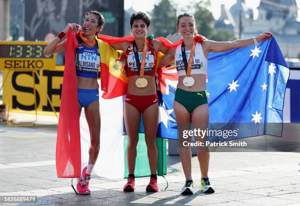 Bronze medallist Antonella Palmisano of Team Italy, Gold medallist Maria Perez of Team Spain and Silver medallist Jemima Montag of Team Australia...