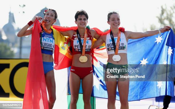 Bronze medallist Antonella Palmisano of Team Italy, Gold medallist Maria Perez of Team Spain and Silver medallist Jemima Montag of Team Australia...