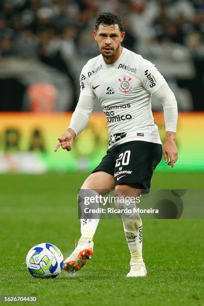 Giuliano of Corinthians kicks the ball during the match between Corinthians and Goias as part of Brasileirao Series A 2023 at Neo Quimica Arena on...