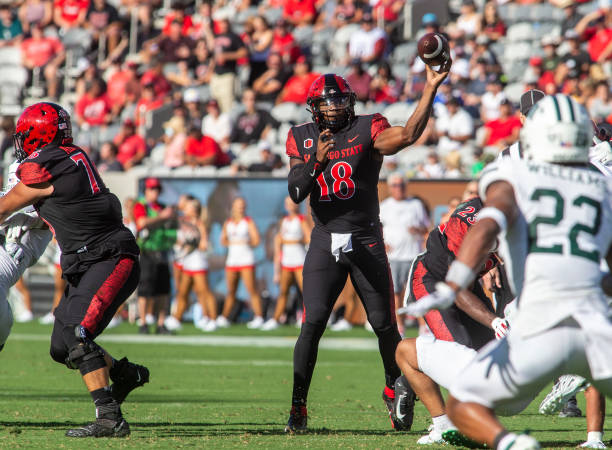 San Diego State quarterback Jalen Mayden throws a pass in the first half of a college football game between the Ohio Bobcats and the San Diego State...