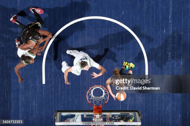 Sabrina Ionescu of the New York Liberty goes to the basket during the game against the Minnesota Lynx on August 26, 2023 at Target Center in...