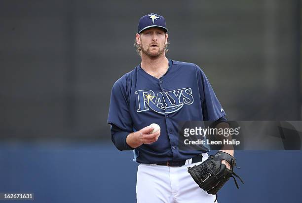 Jeff Niemann of the Tampa Bay Rays pitches during the spring training game against Pittsburgh Pirates on February 23, 2013 in Port Charlotte,...