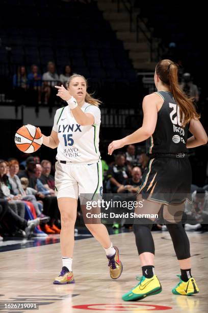 Rachel Banham of the Minnesota Lynx dribbles the ball during the game against the New York Liberty on August 26, 2023 at Target Center in...