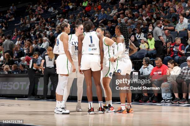 The Minnesota Lynx huddle up during the game against the New York Liberty on August 26, 2023 at Target Center in Minneapolis, Minnesota. NOTE TO...