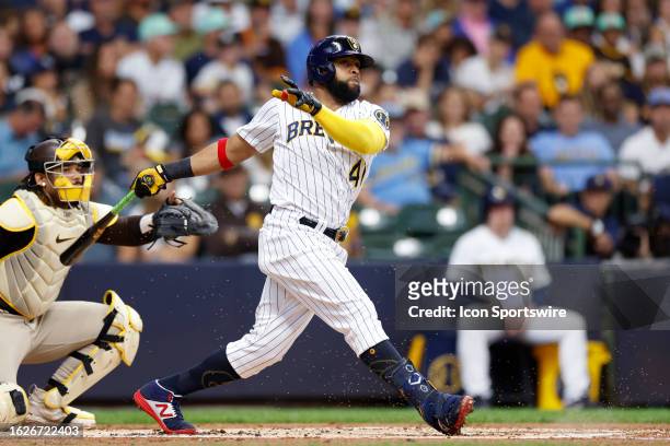 Milwaukee Brewers first baseman Carlos Santana bats during an MLB game against the San Diego Padres on August 26, 2023 at American Family Field in...