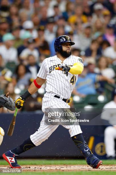 Milwaukee Brewers first baseman Carlos Santana bats during an MLB game against the San Diego Padres on August 26, 2023 at American Family Field in...