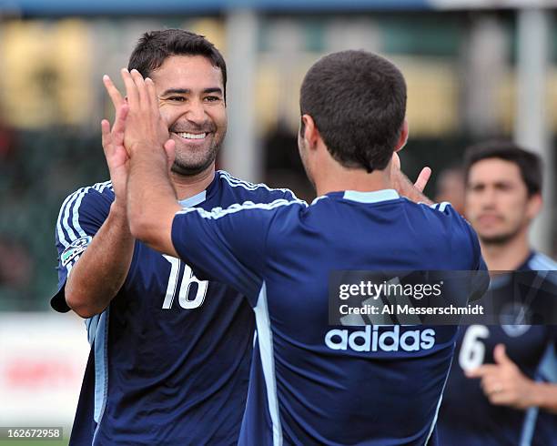 Claudio Bieler of Sporting Kansas City celebrates after a first-half goal against the Toronto FC February 23, 2013 in the final round of the Disney...