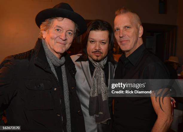 Backstage with Singer/Songwriter Rodney Crowell and Mavericks members Eddie Perez and JD McFadden during The Mavericks Album release concert for...