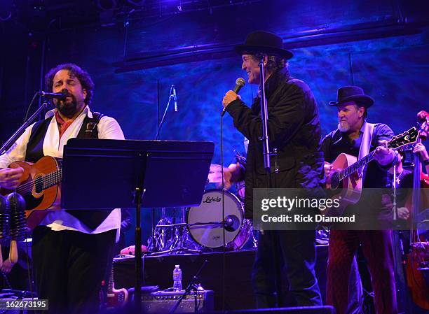 The Mavericks Raul Malo and Robert Reynolds are joined onstage by Singer/Songwriter Rodney Crowell during The Mavericks Album release concert for...