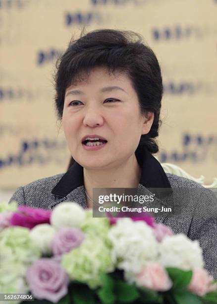 South Korean President Park Geun-Hye speaks during a meeting with guests at presidential house on February 26, 2013 in Seoul, South Korea. Park...