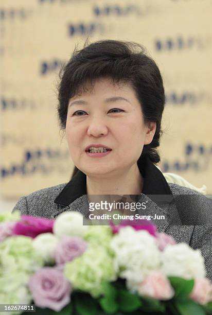South Korean President Park Geun-Hye speaks during a meeting with guests at presidential house on February 26, 2013 in Seoul, South Korea. Park...