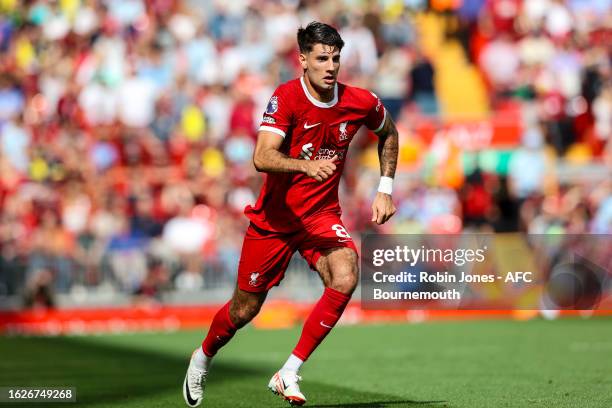 Dominik Szoboszlai of Liverpool during the Premier League match between Liverpool FC and AFC Bournemouth at Anfield on August 19, 2023 in Liverpool,...