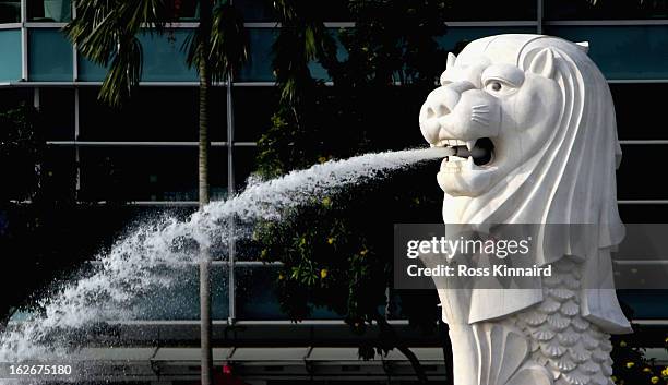 The Merlion fountain in Marina Bay, a popular tourist attraction in the city pictured on February 26, 2013 in Singapore, Singapore.