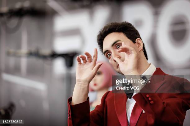 Humanoid robot performs during 2023 World Robot Conference at Beijing Etrong International Exhibition & Convention Center on August 19, 2023 in...